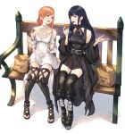  2girls bag bare_shoulders bench black_dress black_footwear black_hair black_legwear blue_eyes boots breasts commentary_request cookie dress eating final_fantasy final_fantasy_xiv food gaia_(ff14) gothic highres lips long_sleeves makimura_shunsuke medium_breasts multiple_girls open_mouth orange_hair paper_bag ryne sandals sitting smile thigh-highs thigh_boots thighs white_dress zettai_ryouiki 