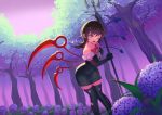  1girl arm_up asymmetrical_wings black_dress black_gloves black_hair black_legwear bow bowtie breasts collarbone dress elbow_gloves flower forest gloves highres holding holding_weapon houjuu_nue long_hair medium_breasts nature one_eye_closed open_mouth outdoors pink_sky polearm purple_flower recare red_eyes red_neckwear short_dress solo thigh-highs torn_clothes torn_legwear touhou trident weapon wings 