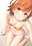  1girl absurdres animal_ears bad_hands bangs bare_arms bare_legs bare_shoulders barefoot bikini blush breasts brown_eyes brown_hair eyebrows_visible_through_hair fake_animal_ears flower halterneck highres lips looking_at_viewer misaka_mikoto navel orange_bikini parted_lips raika9 scan self_shot shiny shiny_hair shiny_skin side-tie_bikini simple_background sitting small_breasts solo stomach swimsuit thighs to_aru_kagaku_no_railgun to_aru_majutsu_no_index wariza 