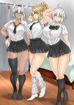  3girls alternate_costume arms_behind_head blonde_hair blue_eyes breasts caenis_(fate) contemporary fate/apocrypha fate/grand_order fate_(series) green_eyes hand_on_hip highres jeanne_d&#039;arc_(alter)_(fate) jeanne_d&#039;arc_(fate)_(all) large_breasts leg_warmers long_hair looking_at_viewer mordred_(fate)_(all) multiple_girls no_shoes open_clothes open_shirt ponytail school_uniform short_hair smile socks thigh-highs tomliat white_hair yellow_eyes 