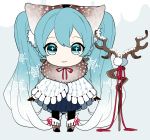  +_+ 1girl absurdly_long_hair antlers black_legwear blue_eyes blue_hair blue_skirt boots bow braid brown_footwear capelet chibi closed_mouth earmuffs full_body fur_collar gradient_hair hair_bow hatsune_miku highres long_hair looking_at_viewer multicolored_hair neck_ribbon piapro pigeon-toed pleated_skirt pom_pom_(clothes) red_neckwear red_ribbon ribbon skirt smile sogawa solo standing twintails very_long_hair yuki_miku 