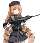  1girl arx-160 arx-160_(girls_frontline) belt belt_pouch beret black_gloves black_headwear black_shirt black_skirt brown_vest closed_mouth collared_shirt girls_frontline gloves gun hat highres holding holding_weapon long_hair looking_at_viewer miniskirt orange_hair pleated_skirt pouch rampart1028 shirt short_sleeves simple_background skirt solo twin_drills twintails very_long_hair vest weapon white_background yellow_eyes 