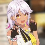  1girl arm_cutout blush braid carole_peppers claw_pose commentary_request earrings eyelashes fingerless_gloves fukuro_ko_(greentea) gloves grey_earrings hair_behind_ear hair_ornament hair_ribbon hands_up honkai_(series) honkai_impact_3rd jewelry looking_at_viewer medium_hair multicolored_hair open_mouth pink_hair ribbon silver_hair smile solo streaked_hair teeth tongue upper_teeth v-shaped_eyebrows yellow_eyes 