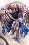  1boy 1girl aa_megami-sama angel_wings bare_legs belldandy black_hair blue_eyes bracelet brown_eyes brown_hair carrying dress facial_mark feathered_wings feathers forehead_mark highres jacket jewelry legs long_hair looking_at_another morisato_keiichi ponytail princess_carry short_hair thighs very_long_hair vibratix white_wings wings 