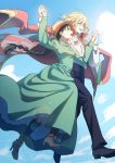  1boy 1girl blonde_hair braid breasts brown_hair clouds commentary dress hat highres holding_hands howl_(howl_no_ugoku_shiro) howl_no_ugoku_shiro jewelry long_hair open_mouth pendant smile sophie_(howl_no_ugoku_shiro) zhong1234 