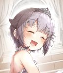  1girl :d backless_dress backless_outfit bangs bare_arms bare_back bare_shoulders blush close-up closed_eyes dress eyebrows_visible_through_hair frilled_dress frills hair_flaps hair_intakes highres idolmaster idolmaster_cinderella_girls jewelry koshimizu_sachiko lavender_hair necklace open_mouth pearl_necklace smile solo stairs tiara yukie_(kusaka_shi) 