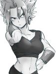  1girl :/ arm_at_side arm_up breasts clenched_hand closed_mouth collarbone crop_top dragon_ball dragon_ball_super earrings frown greyscale hand_in_hair hand_on_hip jewelry kefla_(dragon_ball) kemachiku large_breasts looking_away looking_to_the_side midriff monochrome muscle navel potara_earrings serious shiny shiny_hair short_hair sidelocks simple_background solo spiky_hair standing super_saiyan upper_body v-shaped_eyebrows very_short_hair white_background 