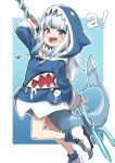 1girl :d absurdres animal_costume animal_hood ankle_socks bangs blue_eyes blue_hair blue_hoodie blue_legwear blue_nails commentary drawstring eyebrows_visible_through_hair gawr_gura gazacy_(dai) highres holding holding_weapon hololive hololive_english hood hood_up hoodie hoodie_dress leg_up letter long_hair long_sleeves looking_at_viewer multicolored_hair nail_polish open_mouth polearm shark_costume shark_hood shark_tail sharp_teeth shoes silver_hair smile solo standing standing_on_one_leg streaked_hair tail teeth trident virtual_youtuber weapon white_footwear
