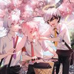  3boys adnachiel_(arknights) animal_ears ansel_(arknights) arknights bicycle bicycle_basket blue_eyes commentary_request ground_vehicle halo highres long_sleeves multiple_boys namazuouko necktie outdoors rabbit_ears red_eyes short_hair steward_(arknights) tree yellow_eyes 