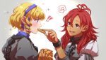  !! 2girls blonde_hair blue_hairband cbe39373 constance_von_nuvelle cookie dark_skin earrings feeding fire_emblem fire_emblem:_three_houses food from_side garreg_mach_monastery_uniform hairband hapi_(fire_emblem) holding jewelry multicolored_hair multiple_girls musical_note open_mouth purple_hair red_eyes redhead short_hair simple_background spoken_musical_note uniform 
