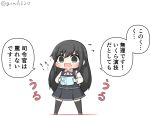  1girl asashio_(kantai_collection) belt black_hair black_legwear blue_eyes book chibi commentary dress full_body goma_(yoku_yatta_hou_jane) kantai_collection long_hair long_sleeves neck_ribbon open_mouth pinafore_dress red_ribbon remodel_(kantai_collection) ribbon shirt simple_background solo standing thigh-highs translated twitter_username white_background white_shirt 