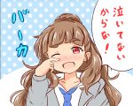  1girl blue_neckwear blush brown_hair crying crying_with_eyes_open hair_bun idolmaster idolmaster_cinderella_girls jacket kamiya_nao long_hair low-tied_long_hair negisoba one_eye_closed open_mouth polka_dot polka_dot_background red_eyes tears thick_eyebrows translation_request 