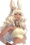  1girl animal_ears bangs bare_shoulders blue_eyes bracelet breasts commentary_request dark_skin earrings face final_fantasy final_fantasy_xiv halterneck hand_on_hip highres jewelry lips long_hair looking_at_viewer makimura_shunsuke medium_breasts midriff mole mole_under_eye parted_lips rabbit_ears shiny shiny_hair shiny_skin simple_background sleeveless solo upper_body viera white_background white_hair 