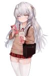  1girl aran_sweater bag bangs blue_eyes blush brown_sweater cellphone closed_mouth collared_shirt commentary_request cup disposable_cup dokomon drink drinking_straw eyebrows_visible_through_hair girls_frontline grey_hair grey_nails hair_between_eyes hair_ornament highres holding holding_cup holding_phone korean_commentary long_hair long_sleeves miniskirt nail_polish necktie phone pleated_skirt red_neckwear red_skirt ribeyrolles_1918_(girls_frontline) shirt shoulder_bag simple_background skindentation skirt sleeves_past_wrists solo sweater thigh-highs very_long_hair white_background white_legwear white_shirt 