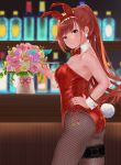  1girl absurdres animal_ears arisugawa_natsuha bar black_eyes black_legwear blurry bouquet bow bowtie bunny_girl bunny_tail bunnysuit cocktail_glass commentary_request cowboy_shot cup depth_of_field detached_collar drinking_glass ebifurai_(r3mpuami) fishnet_legwear fishnets flower highres idolmaster idolmaster_shiny_colors leotard long_hair looking_at_viewer pantyhose ponytail rabbit_ears red_leotard red_neckwear redhead solo strapless strapless_leotard tail tray vase wrist_cuffs 