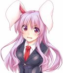  1girl angry animal_ears bangs blazer breasts commentary_request eyebrows_visible_through_hair frown jacket kue large_breasts long_hair looking_at_viewer necktie pink_eyes pink_hair rabbit_ears red_neckwear reisen_udongein_inaba simple_background solo teardrop touhou upper_body wavy_mouth white_background 