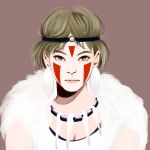  1girl brown_eyes brown_hair chibigou closed_mouth earrings facepaint facial_mark fur headband highres jewelry looking_at_viewer mononoke_hime necklace san short_hair simple_background solo tooth_necklace 