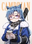  1girl animal_ears arknights bangs blue_hair blue_jacket blush closed_mouth coffee_cup commentary_request cup disposable_cup eyebrows_visible_through_hair fang_(arknights) glasses grey_background highres holding holding_cup jacket long_hair long_sleeves looking_at_viewer plaid plaid_scarf profnote scarf semi-rimless_eyewear smile solo under-rim_eyewear upper_body violet_eyes 