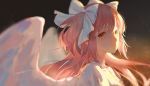  1girl angel_wings backlighting blurry blurry_background bokeh brown_background choker close-up closed_mouth dark_background depth_of_field derivative_work dress eyelashes face floating_hair goddess_madoka hair_between_eyes hair_ribbon kaname_madoka light_particles light_smile lips long_hair looking_at_viewer looking_to_the_side mahou_shoujo_madoka_magica pink_hair ribbon say_hana shaded_face sidelocks signature simple_background solo two_side_up upper_body very_long_hair white_choker white_dress white_ribbon wings yellow_background yellow_eyes 