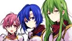  3girls blue_eyes blue_hair catria_(fire_emblem) closed_mouth est_(fire_emblem) fire_emblem fire_emblem:_mystery_of_the_emblem green_eyes green_hair headband long_hair multiple_girls naho_(pi988y) open_mouth palla_(fire_emblem) pink_eyes pink_hair short_hair siblings simple_background sisters twitter_username upper_body white_background white_headband 