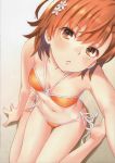  1girl absurdres animal_ears bangs bare_arms bare_legs bare_shoulders barefoot bikini blush breasts brown_eyes brown_hair eyebrows_visible_through_hair fake_animal_ears flower halterneck highres huge_filesize lips looking_at_viewer misaka_mikoto navel orange_bikini parted_lips raika9 scan shiny shiny_hair shiny_skin side-tie_bikini simple_background sitting small_breasts solo stomach swimsuit thighs to_aru_kagaku_no_railgun to_aru_majutsu_no_index wariza 