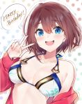  1girl :d bare_shoulders bikini blue_eyes borrowed_character breasts brown_hair collarbone hair_between_eyes halter_top halterneck hand_up happy_birthday highres hitoyo_(baffu) jacket large_breasts looking_at_viewer nanakagura off_shoulder open_clothes open_jacket open_mouth original polka_dot polka_dot_background red_jacket short_hair smile solo speech_bubble swimsuit upper_body v white_bikini 