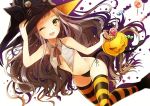  1girl :3 :d absurdres bag bare_arms bare_shoulders big_hair black_headwear breasts brown_hair candy fang fingernails food halloween_costume hand_on_headwear hat highres holding jack-o&#039;-lantern long_hair looking_at_viewer navel neck_ribbon one_eye_closed open_mouth orange_legwear original panties red_neckwear red_ribbon revealing_clothes ribbon side-tie_panties simple_background small_breasts smile sogawa solo striped striped_legwear thigh-highs underwear very_long_hair white_background witch_hat 