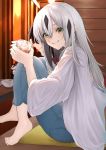  1boy 1girl alcohol barefoot black_hair blue_pants blush bowl commentary_request cup denim drinking_glass fate/grand_order fate_(series) green_eyes grey_hair hair_between_eyes highres holding holding_cup jeans kugatunohito long_hair looking_at_viewer multicolored_hair nagao_kagetora_(fate) pants shirt smile streaked_hair table white_shirt 