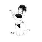  1girl breasts closed_mouth ejami food greyscale groin looking_at_viewer monochrome popsicle short_hair simple_background smile solo thighs white_background 
