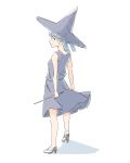  1girl absurdres blue_hair commentary dress full_body hat high_heels highres original porankaran sleeveless sleeveless_dress solo twintails wand white_background witch witch_hat 