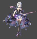  1girl black_dress black_footwear black_legwear blue_eyes breasts detached_sleeves dress earrings full_body grey_background h2so4 hair_ornament heterochromia highres holding holding_sword holding_weapon jewelry long_hair medium_breasts original silver_hair simple_background solo standing sword thigh-highs violet_eyes weapon 