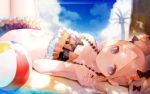  1girl abigail_williams_(fate/grand_order) ball bangs bare_shoulders beach beachball bikini black_bikini black_bow blonde_hair blue_eyes blue_sky bow breasts closed_mouth collarbone double_bun emerald_float fate/grand_order fate_(series) forehead frilled_bikini frills hair_bow highres long_hair looking_at_viewer lying multiple_bows navel on_back orange_bow palm_tree parted_bangs sidelocks sky small_breasts solo swimsuit tree ugusu24 