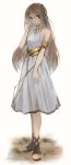  1girl absurdres adele_(fate) armlet artist_request bare_shoulders breasts brown_hair dress fate/grand_order fate_(series) full_body green_eyes hair_between_eyes highres long_hair looking_at_viewer medium_breasts sandals simple_background solo white_background white_dress 
