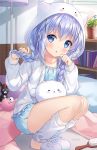  1girl angora_rabbit animal animal_slippers anko_(gochiusa) artist_name bangs bed_sheet blue_eyes blue_hair blue_shirt blue_shorts blush book bookshelf braid commentary crown drawstring english_commentary eyebrows_visible_through_hair flower flower_pot gochuumon_wa_usagi_desu_ka? hair_between_eyes hair_brush hair_ornament hands_up highres hitsukuya hood hood_up hooded_jacket indoors jacket kafuu_chino long_hair long_sleeves mini_crown parted_lips pillow plant potted_plant rabbit shirt short_shorts shorts signature slippers squatting stuffed_animal stuffed_bunny stuffed_toy tippy_(gochiusa) twin_braids very_long_hair white_flower white_footwear white_jacket white_legwear x_hair_ornament 