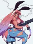  1girl \m/ animal_ears ass assault_rifle bandaid bandaid_on_nose bandolier black_leotard blue_legwear breasts bunny_girl bunnysuit cigarette commentary covered_nipples dark_skin english_commentary eyelashes facepaint fake_animal_ears fake_tail gun holding holding_gun holding_weapon holster large_breasts leotard lips long_hair looking_at_viewer nose original pink_hair rabbit_ears rifle robert_porter sideboob smoking solo strapless tail thick_thighs thigh_holster thighs thong_leotard toned torn_clothes torn_legwear very_long_hair weapon white_background wrist_cuffs 