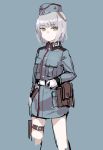  1girl belt belt_pouch blue_background blue_jacket blue_skirt buttons closed_mouth cowboy_shot cropped_legs garrison_cap girls_frontline grey_hair hand_on_hip hat highres jacket looking_at_viewer military military_uniform miniskirt p08_(girls_frontline) pouch rampart1028 short_hair simple_background skirt solo thigh_strap uniform yellow_eyes 