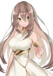 1girl adele_(fate) armlet bangs bare_shoulders blush breasts brown_hair dress fate/grand_order fate_(series) green_eyes hair_between_eyes large_breasts long_hair looking_at_viewer open_mouth simple_background smile solo white_background white_dress yuzuruka_(bougainvillea) 