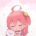  1girl 35p_(miko_channel) absurdres ahoge bell blush cat chestnut_mouth chibi closed_eyes commentary_request hair_bell hair_between_eyes hair_ornament hairclip highres hololive open_mouth otorih_1610 pink_hair sakura_miko virtual_youtuber white_cat x_hair_ornament 