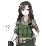  1girl ? armband asymmetrical_bangs bangs belt belt_pouch black_gloves brown_hair closed_mouth collared_shirt cowboy_shot fingerless_gloves girls_frontline gloves green_shirt headset highres long_hair pouch rampart1028 red_eyes shirt simple_background solo type_64_(girls_frontline) vest white_background 