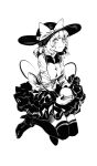  1girl blush bow character_request closed_mouth collared_shirt full_body greyscale hat hat_bow high_heels highres holding jumping layered_skirt long_sleeves looking_at_viewer monochrome ruukii_drift shirt short_hair skirt smile solo thigh-highs third_eye touhou 