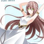  1girl adele_(fate) armpits arms_up bangs bare_shoulders blue_background blush breasts brown_hair collarbone commentary_request covered_collarbone dated dress eyebrows_visible_through_hair fate/grand_order fate_(series) green_eyes hair_between_eyes hebitsukai-san highres long_hair looking_at_viewer medium_breasts parted_lips sleeveless sleeveless_dress solo twitter_username two-tone_background very_long_hair white_background white_dress 