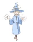  1girl blonde_hair boots commentary_request elf fantasy full_body hat highres hime_cut original pointy_ears porankaran robe solo white_background wide_sleeves witch witch_hat 