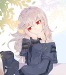  1girl absurdres arknights artist_name bangs black_dress c2lin chain_necklace dress eyebrows_visible_through_hair hand_on_own_cheek hand_up head_tilt headwear_removed highres long_hair long_sleeves looking_at_viewer red_eyes silver_hair smile solo specter_(arknights) upper_body 