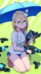  1girl barefoot bikini blonde_hair blush commentary full_body gas_mask green_eyes gun hair_between_eyes hairband handgun kneeling looking_at_viewer mask original parasol pistol shade shirt solo swimsuit teruterubouzu umbrella ume_(yume_uta_da) weapon wet wet_clothes wet_shirt 