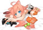  1girl ahoge animal_ear_fluff animal_ears asymmetrical_legwear bike_shorts black_shorts cat_ears chips chopsticks cola controller food foreshortening game_controller gotoh510 hinata_channel jitome long_hair looking_at_viewer lying nekomiya_hinata on_bed on_side open_mouth orange_legwear potato_chips shirt shorts snack soda_bottle solo striped striped_legwear tank_top thigh-highs very_long_hair virtual_youtuber white_shirt 