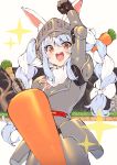  1girl animal_ear_fluff animal_ears arm_up armor bangs blue_hair blush braid carrot_hair_ornament commentary_request crossover eyebrows_visible_through_hair fist_pump food food_themed_hair_ornament gauntlets greaves hair_ornament helmet highres holding holding_food hololive joker_(tomakin524) looking_at_viewer makaimura multicolored_hair open_mouth orange_eyes oversized_food plate_armor rabbit_ears round_teeth smile solo streaked_hair symbol-shaped_pupils teeth thick_eyebrows twintails two-tone_hair upper_teeth usada_pekora virtual_youtuber white_hair 