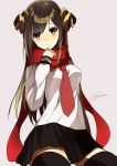  1girl black_legwear blush brown_hair closed_mouth curled_horns eyebrows_visible_through_hair grey_background long_hair long_sleeves looking_at_viewer necktie original red_eyes red_neckwear red_scarf scarf shirt signature sitting sogawa solo thigh-highs white_shirt 