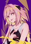  1boy absurdres astolfo_(fate) bangs bare_shoulders black_bow blush bow braid closed_mouth collarbone crop_top detached_sleeves fang fate/apocrypha fate_(series) hair_bow hair_intakes heart heart-shaped_pupils hej highres long_braid long_hair looking_at_viewer multicolored_hair otoko_no_ko pink_hair single_braid skin_fang smile solo streaked_hair symbol-shaped_pupils tank_top tongue tongue_out violet_eyes white_hair yellow_nails 