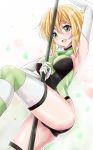  1girl akatsuki_kirika armpits ass blonde_hair breasts elbow_gloves gloves green_eyes green_leotard highres leotard looking_at_viewer medium_breasts pole pole_dancing r-binon senki_zesshou_symphogear shiny shiny_hair shiny_skin short_hair solo striped striped_legwear stripper_pole thigh-highs 