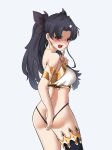  1girl 572816 absurdres armlet ass asymmetrical_legwear back bangs bare_shoulders black_bikini_bottom black_bow black_hair black_legwear blush bow breasts detached_collar earrings fate/grand_order fate_(series) finger_to_mouth hair_bow highres hoop_earrings index_finger_raised ishtar_(fate)_(all) ishtar_(fate/grand_order) jewelry large_breasts long_hair looking_at_viewer looking_back neck_ring open_mouth parted_bangs red_eyes shushing simple_background single_thighhigh solo thigh-highs thighs tiara two_side_up white_background white_bikini_top 
